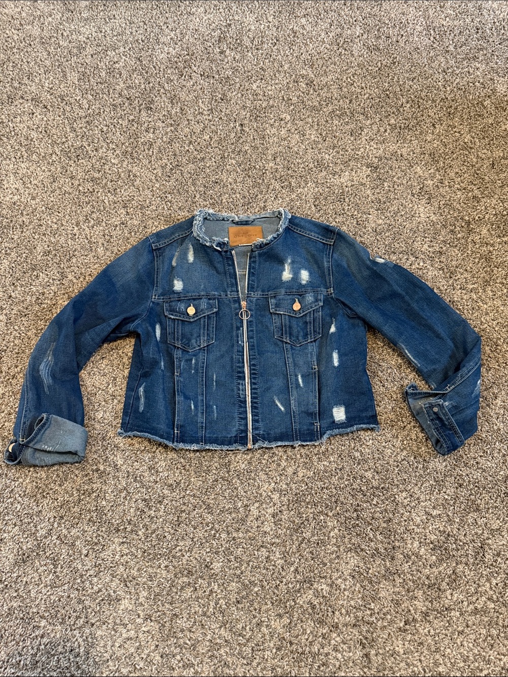 One 5 One Distressed Dark Blue Denim Jacket - Zipper Front Size Large